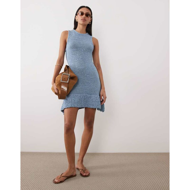 ASOS DESIGN tape yarn dress with frill hem in blue
