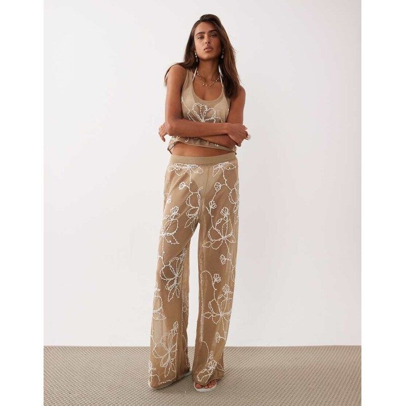 Miss Selfridge beach premium sheer knit embroidered wide leg trouser 115388570