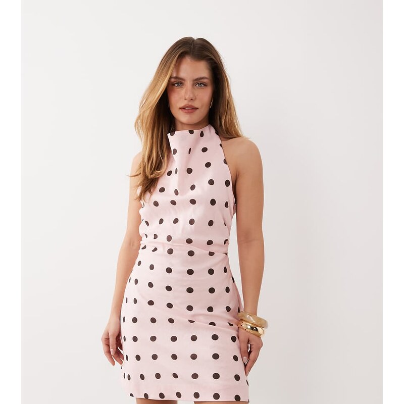 Forever New Petite linen cowl neck mini dress in pink polka dot 114814455