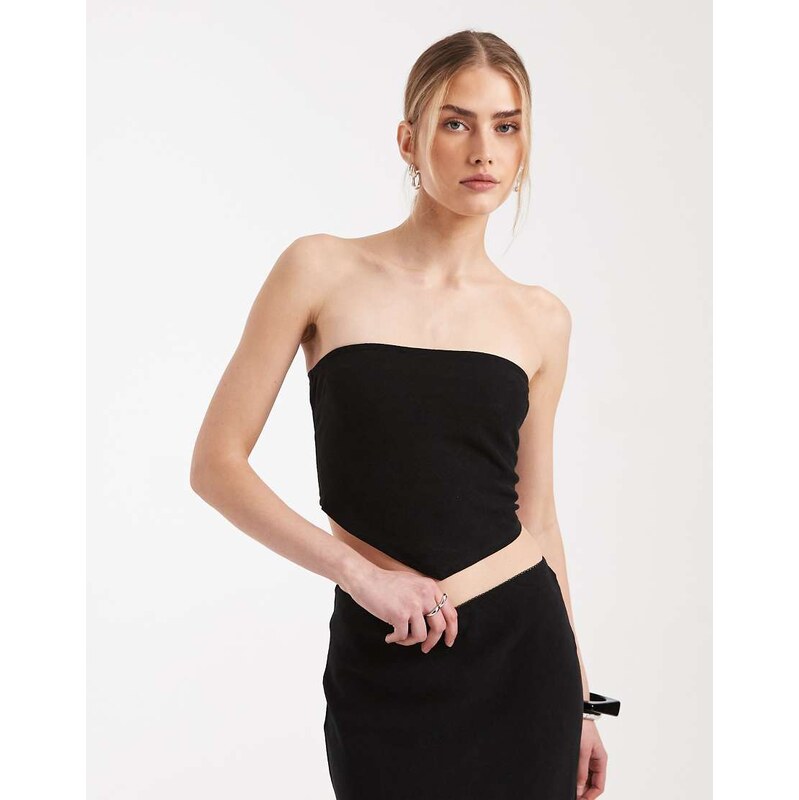 ASOS DESIGN linen bandeau scarf top with shirred back in black