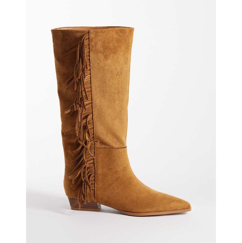 ASOS DESIGN Cressida pull on fringe flat knee boots in tan-Brown 115409142