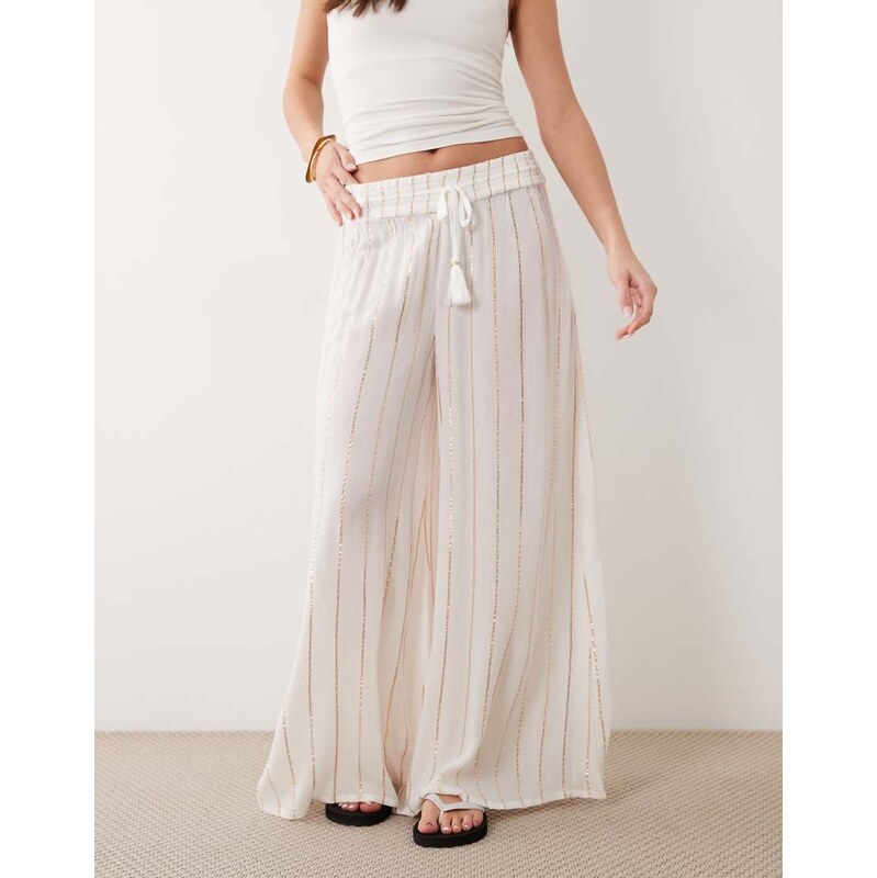 New Look tie dye shimmer beach trousers in white-Blue