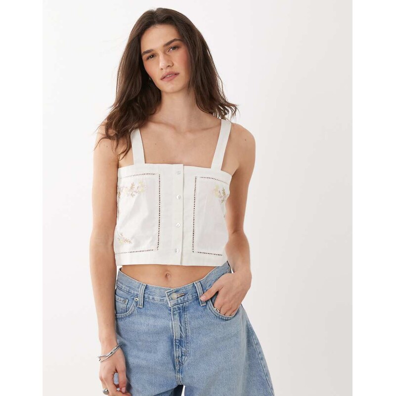Brave Soul embroidered vest in cream-White