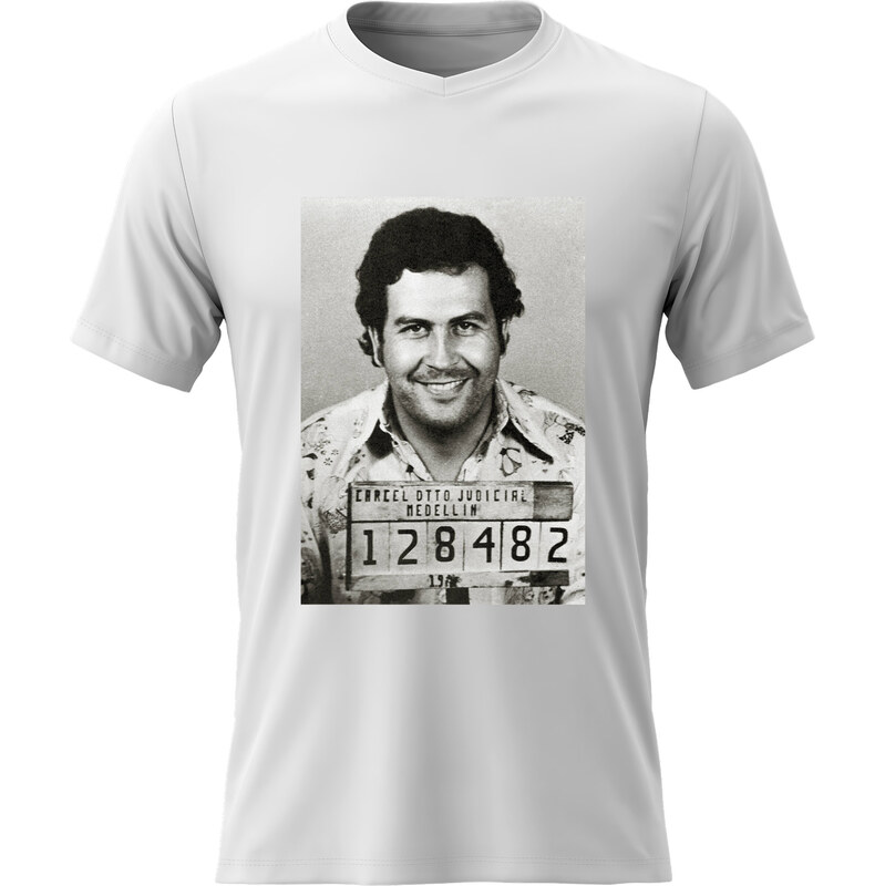 Giftela Pánské bavlněné tričko s potiskem - PABLO ESCOBAR - bílé