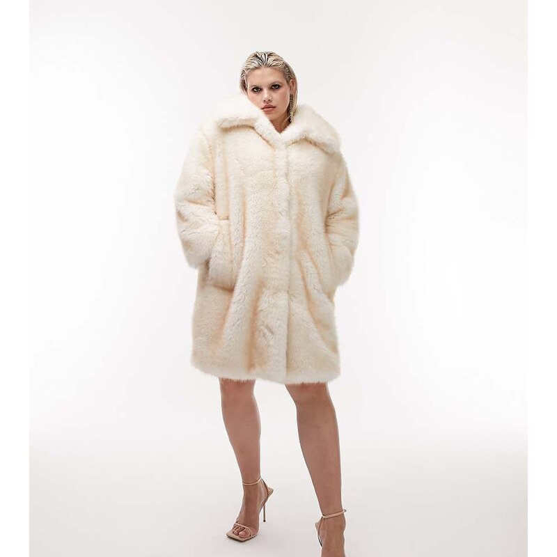 Topshop Curve oversized faux fur coat in cream-White 114789643