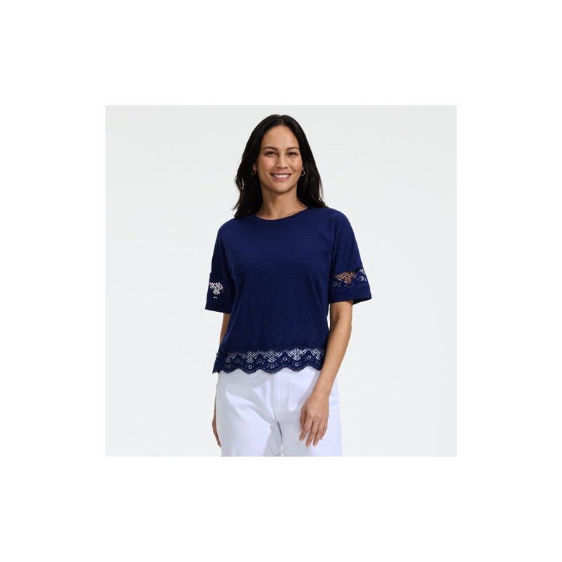 Trimmed Pure Slub Cotton Top, Women, size: XS, regular, Blue,