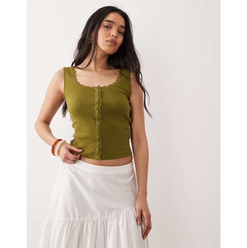 Miss Selfridge pointelle button through vest with lace trim in khaki 114814394