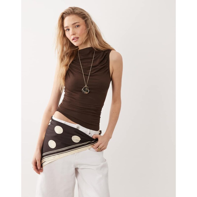 Miss Selfridge ruched front slash neck top in chocolate-Brown 114789787