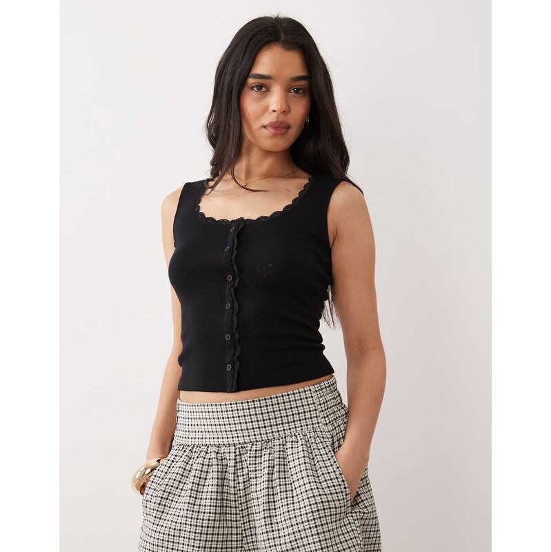 Miss Selfridge pointelle button through vest with lace trim in black 115517159