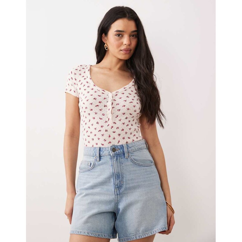 Miss Selfridge pointelle button through bodysuit in white ditsy print 115517240
