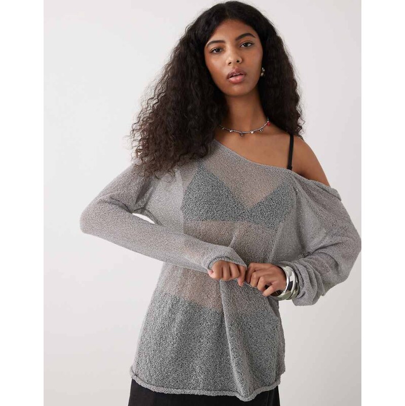 COLLUSION festival sheer knitted hoodie-Grey
