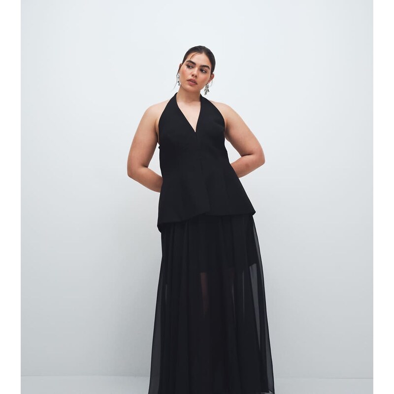 Forever New Curve halter neck godet maxi dress in black 114789810