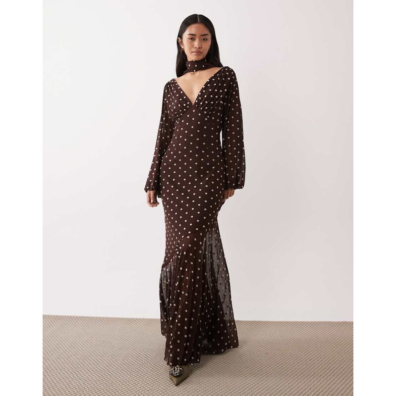 Pretty Lavish mesh scarf v neck maxi dress in brown polka dot 114789811