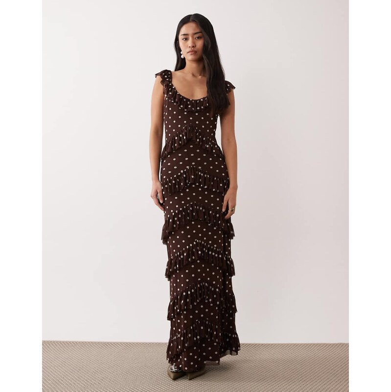 Pretty Lavish mesh ruffle tiered maxi dress in brown polka dot 114789812
