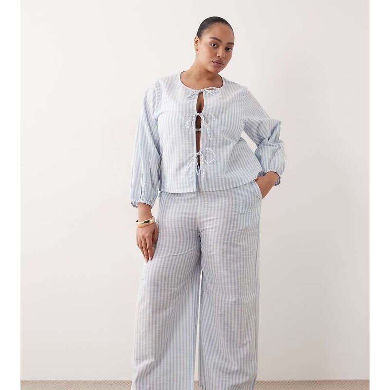 Esmee Curve tie front beach trouser co-ord in blue & white stripe 115518791