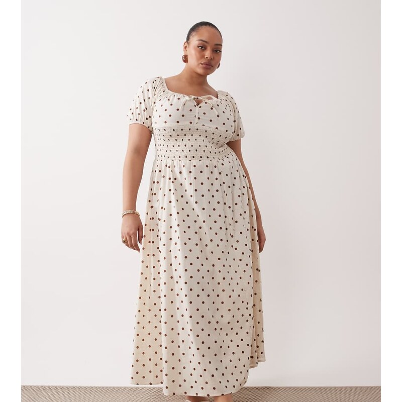 Esmee Curve puff sleeve tie front maxi beach dress in cream & brown 115518794