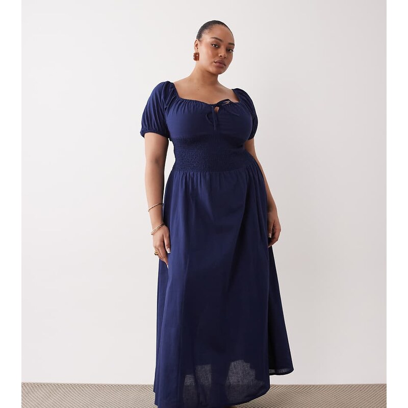 Esmee Curve puff sleeve tie front maxi beach dress in navy 115518795