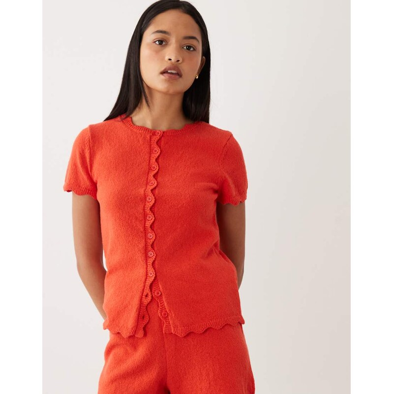 ASOS DESIGN slub yarn cardigan with scallop edge co-ord in red
