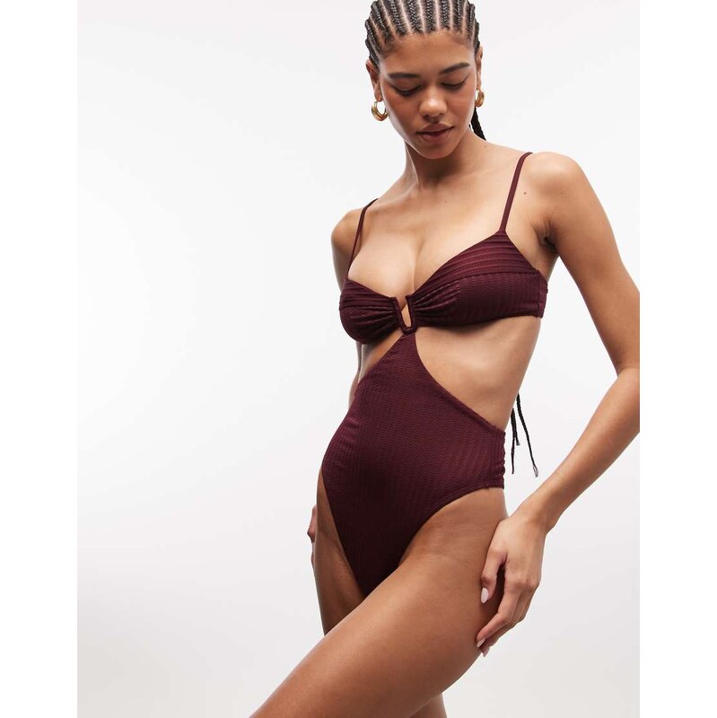 ASOS DESIGN Rory spliced rib v wire swimsuit in berry-Red 115519533