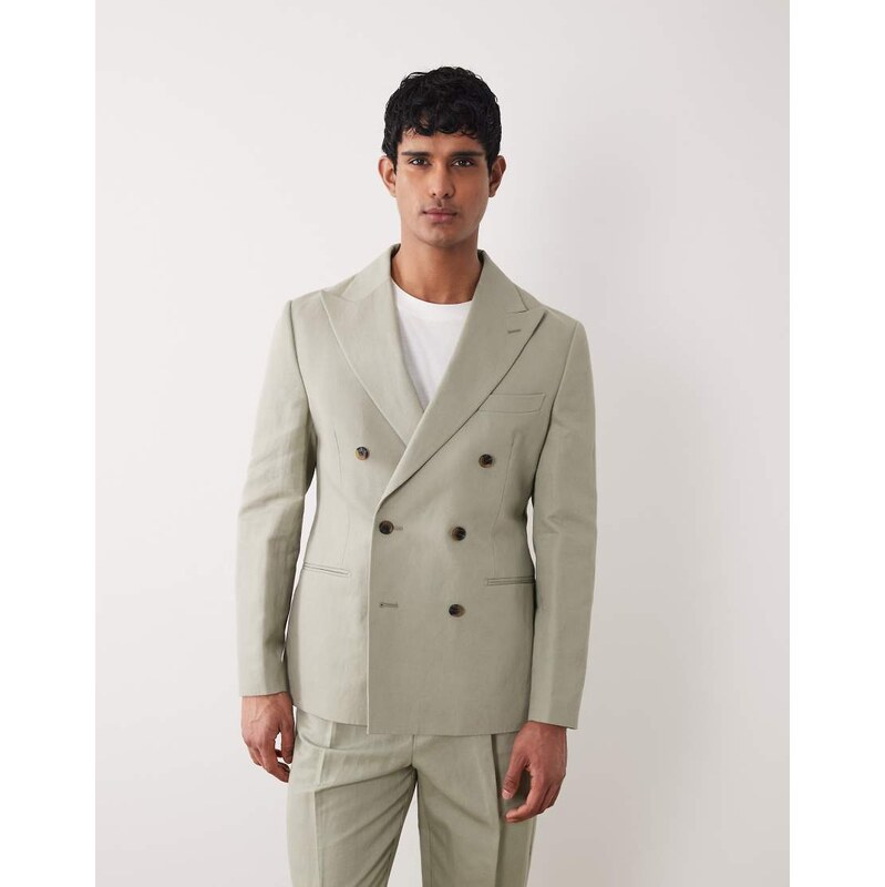 ASOS DESIGN slim linen rich double breasted suit jacket in khaki