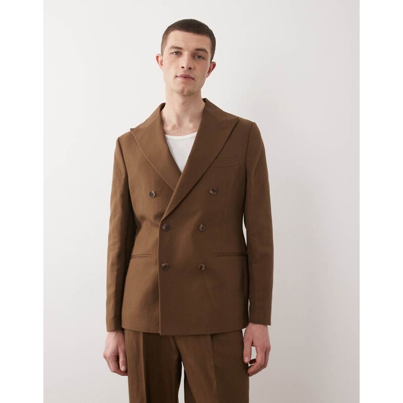 ASOS DESIGN slim linen rich double breasted suit jacket in dark