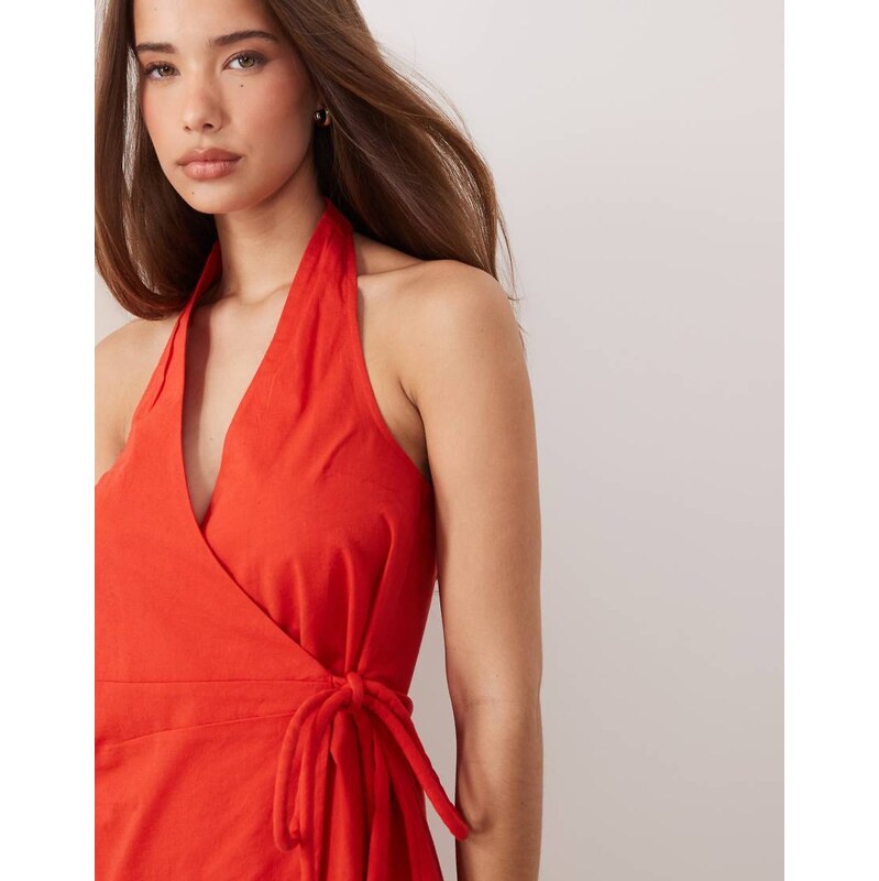 ASOS DESIGN cotton linen halter neck wrap mini sundress in red
