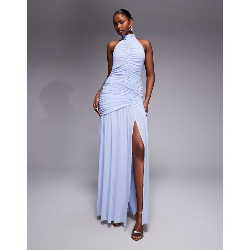 Ruched & Ready sculpting ruched body drape hem open slit maxi