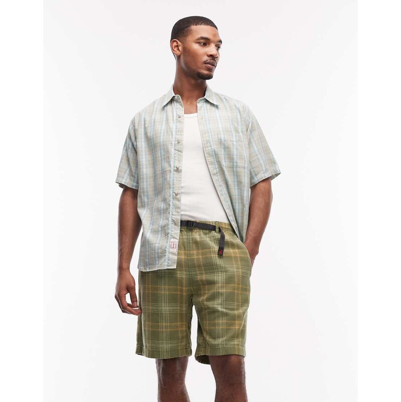 Gramicci hemp plaid relaxed fit G-short in green multi