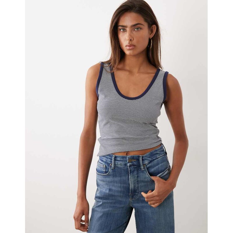 Good American cotton super stretch scoop neck ringer tank top in navy 115005439