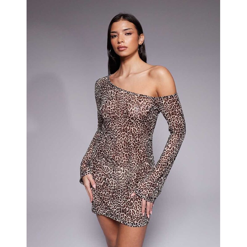 Good American print mesh asymmetric long sleeve mini dress in leopard 115005444