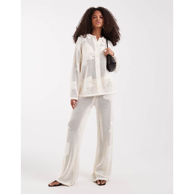 Pretty Lavish open knit oversize floral trouser co-ord in cream-White 114956278