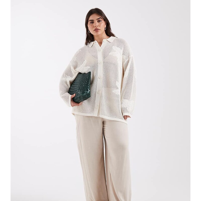 Pretty Lavish Curve open knit floral oversized shirt co-ord in cream 115520020