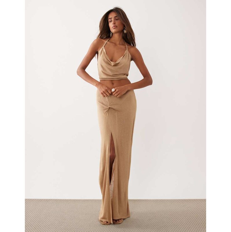 Miss Selfridge glitter knit twist detail maxi skirt in gold