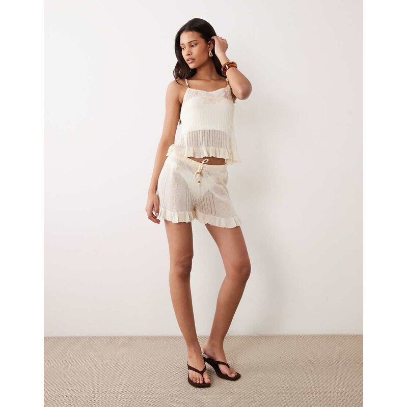 Miss Selfridge embroidered sheer knit short in cream-White 114956213