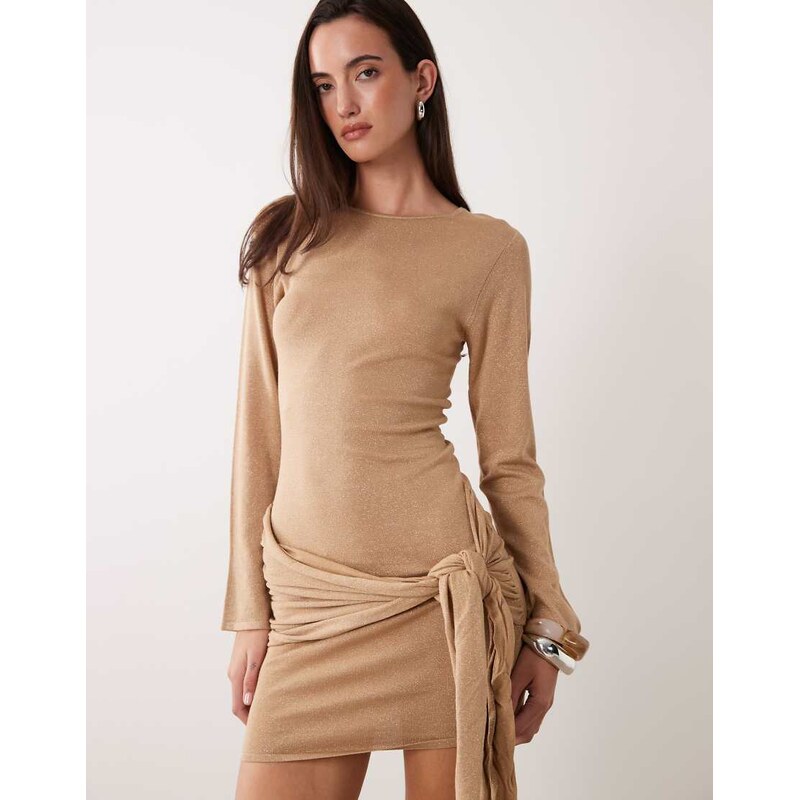 Miss Selfridge knit tie detail mini dress in gold-Brown