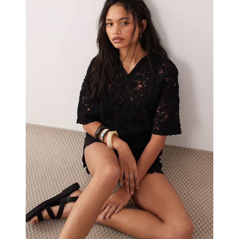 ASOS DESIGN crochet polo co-ord in black