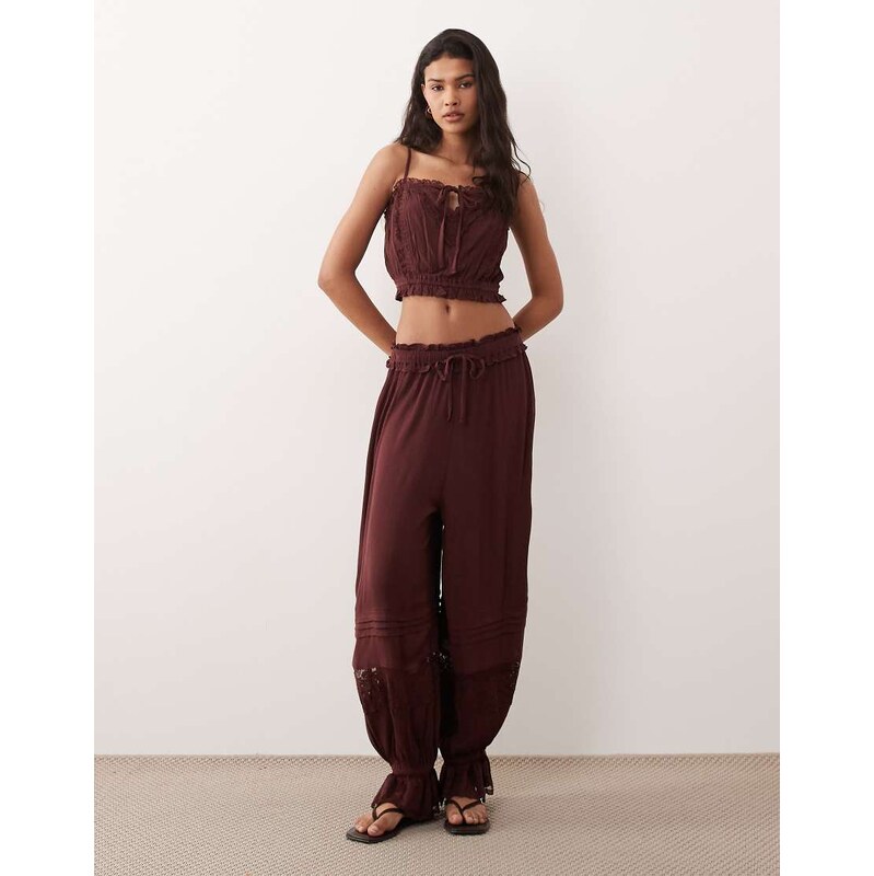 Miss Selfridge lace balloon trouser co-ord in brown