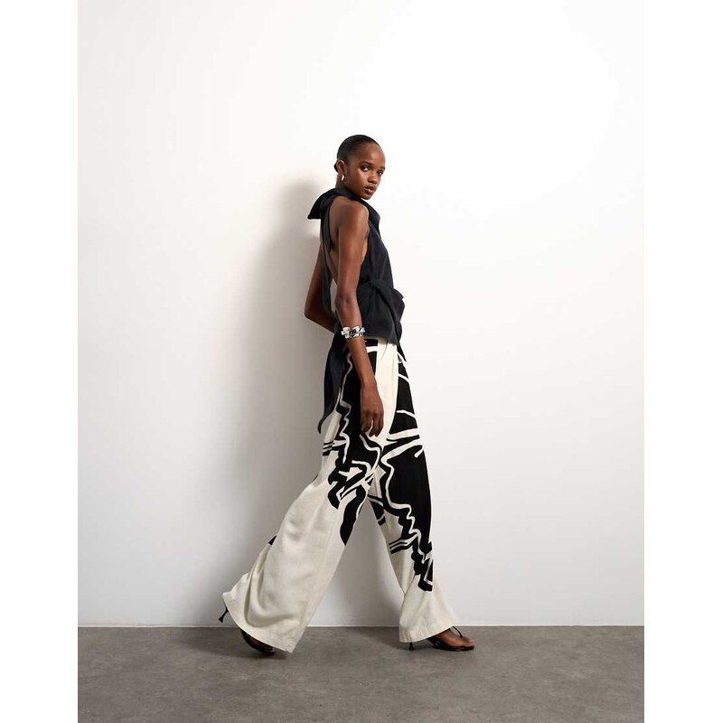 Topshop linen floral placement wide leg trouser in ecru-White 114833504
