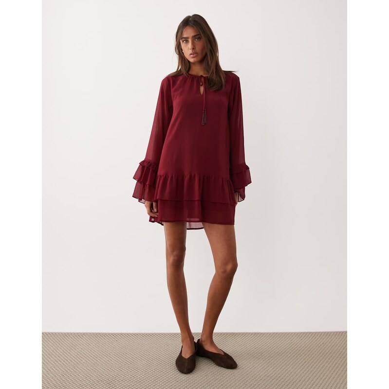 Miss Selfridge chiffon ruffle mini dress in wine-Red