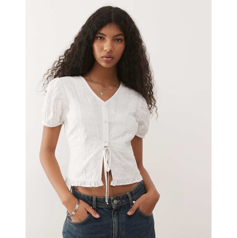 Reclaimed Vintage top with puff sleeves and split front in white