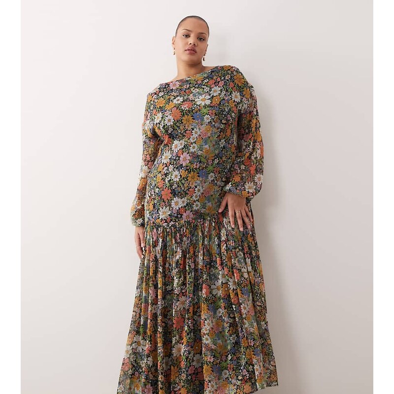ASOS Curve ASOS DESIGN Curve slash neck chiffon godet maxi dress