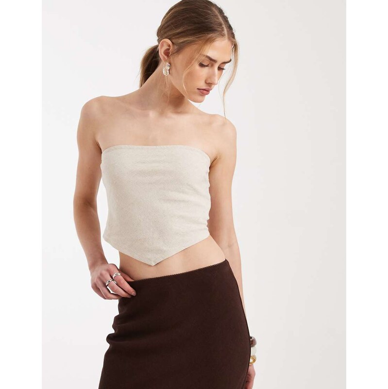 ASOS DESIGN linen bandeau scarf top with shirred back in stone