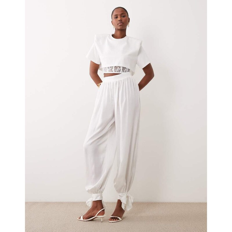 Noughts & Kisses satin balloon leg tie detail trouser co-ord in white 114804265
