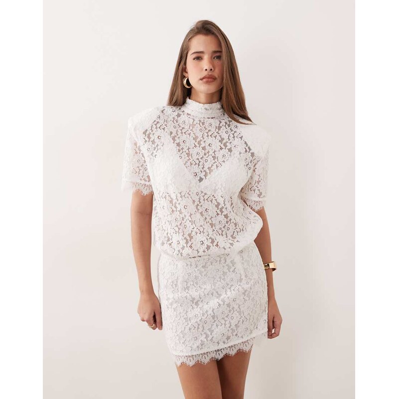 Noughts & Kisses lace high neck padded shoulder mini dress in