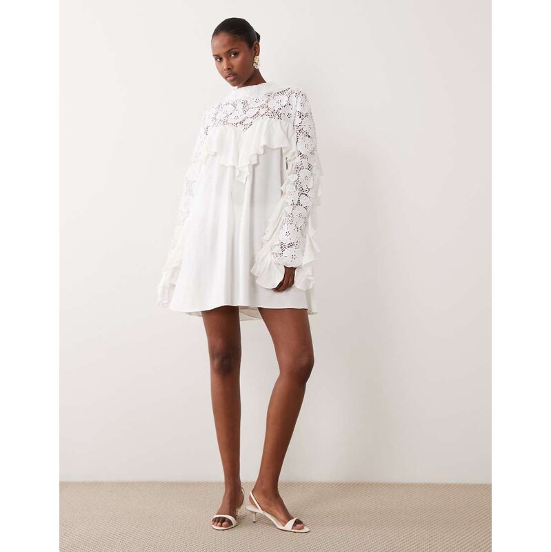 Noughts & Kisses crochet lace high neck ruffle trim mini dress in 114804272
