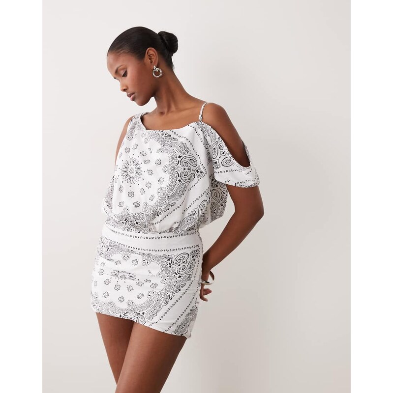 Noughts & Kisses off shoulder mini dress in white bandana print 114807732