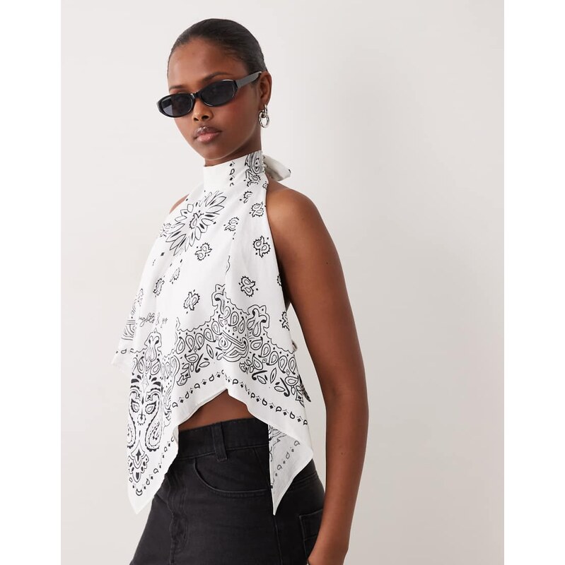Noughts & Kisses halterneck tie back handkerchief top in white bandana 114804276