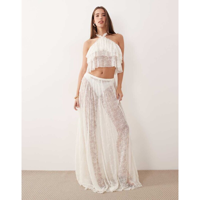 Noughts & Kisses sheer lace maxi skirt co-ord in ivory lace-Neutral 114804281