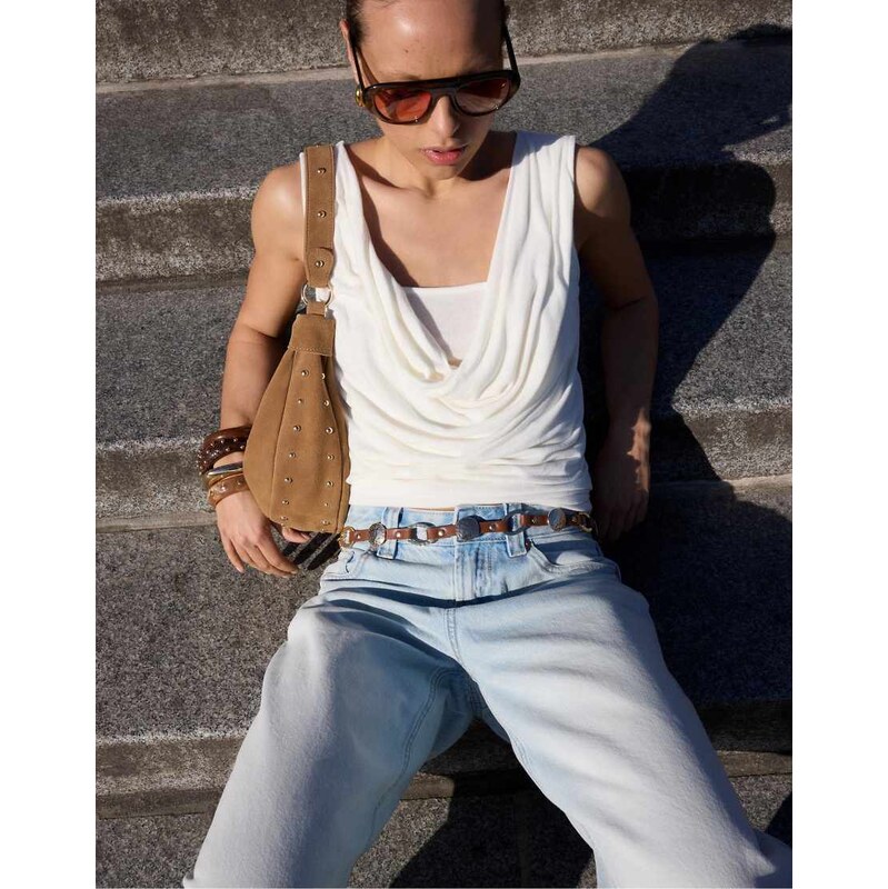 Stradivarius Draped double-layer t-shirt in vanilla-White