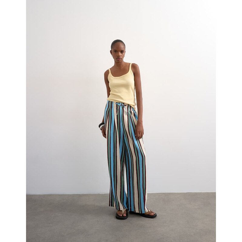 Topshop linen balloon trouser with tie waist in verigated